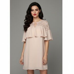 Atmosphere Blush Pink Lace Ruffle Trim Short Sleeve Mini Dress with Slip Size 10